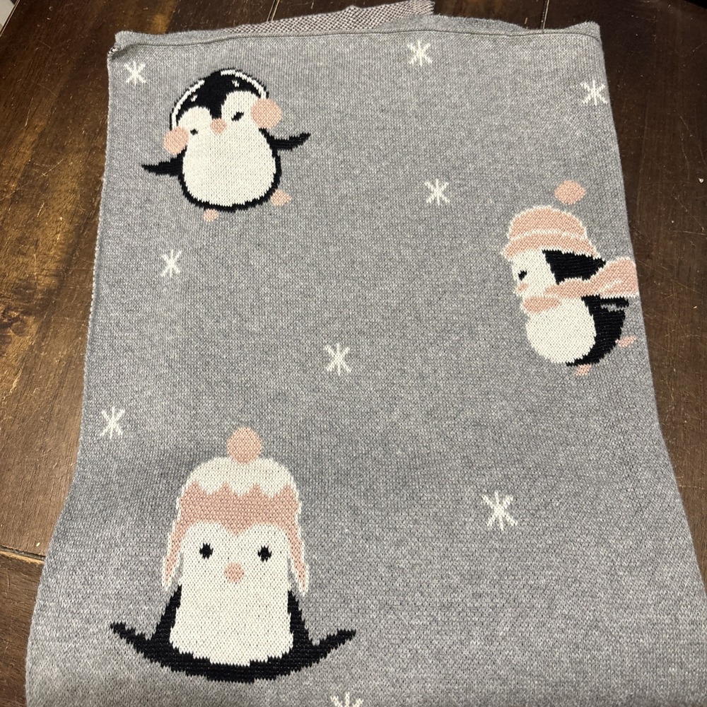 Made In India Penguin Baby‎ Blanket Cotton Knit Gray Pink Baby Nursery Gift New